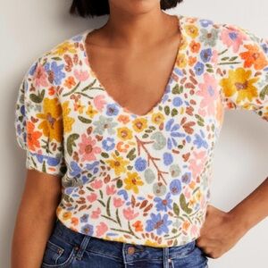 Boden Style# K0637 Alpaca Blend Colorful Floral Puff Sleeve Short Sleeve Blouse